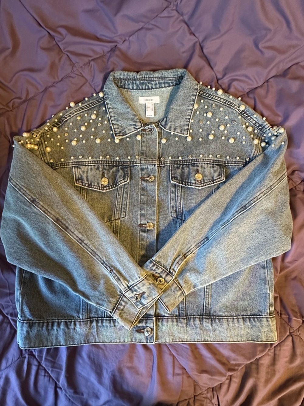 Forever 21 pearl and rhinestone denim jacket
